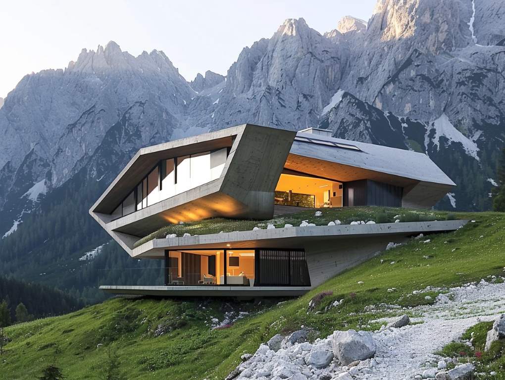 Modernes Architekturhaus in futuristischem Design in den Kärntner Alpen, aufgenommen mit einer Drohne Kärnten