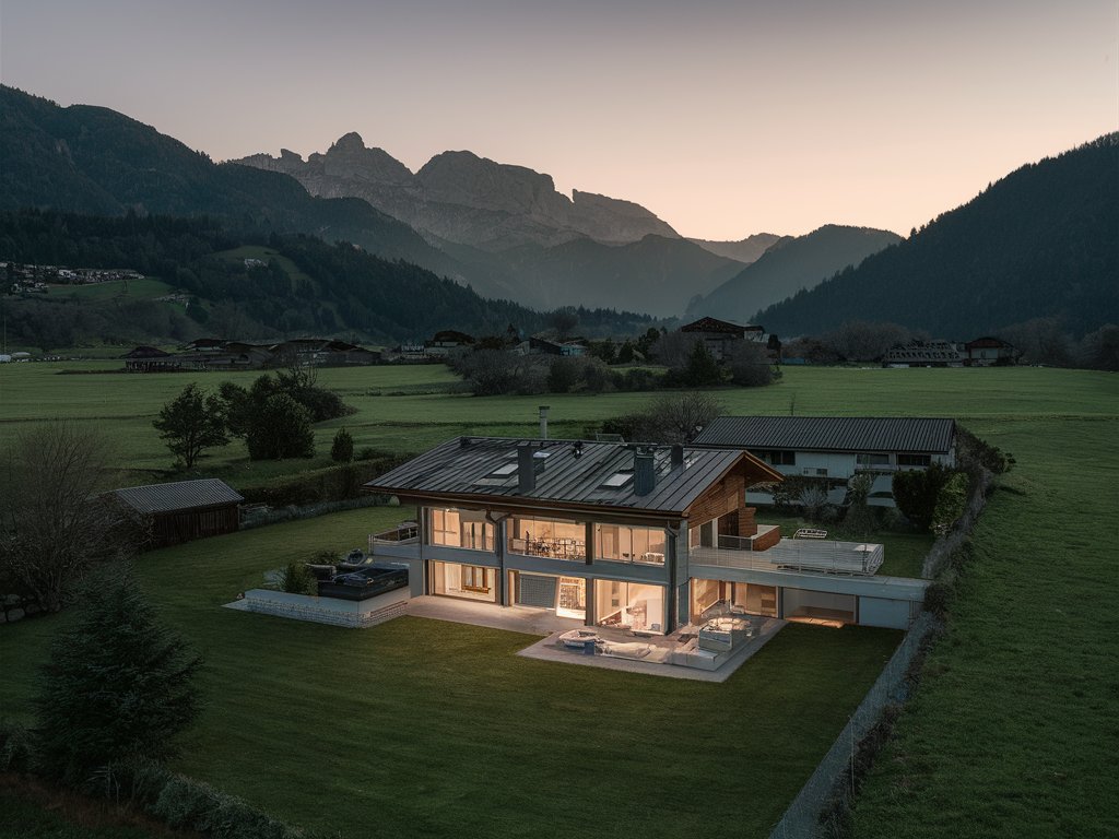 Moderne Villa im Alpenvorland von Kärnten bei Sonnenuntergang, aufgenommen mit einer Drohne Kärnten