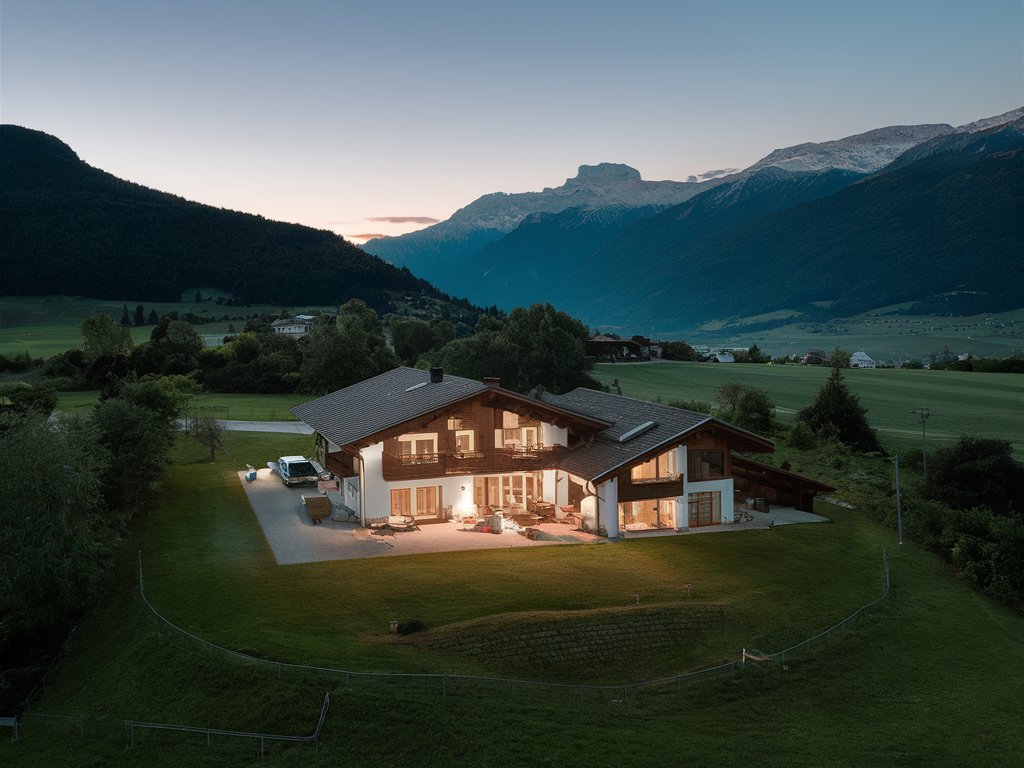 Großes Landhaus in Kärnten bei Sonnenuntergang, aufgenommen mit einer Drohne Kärnten vor beeindruckender Bergkulisse