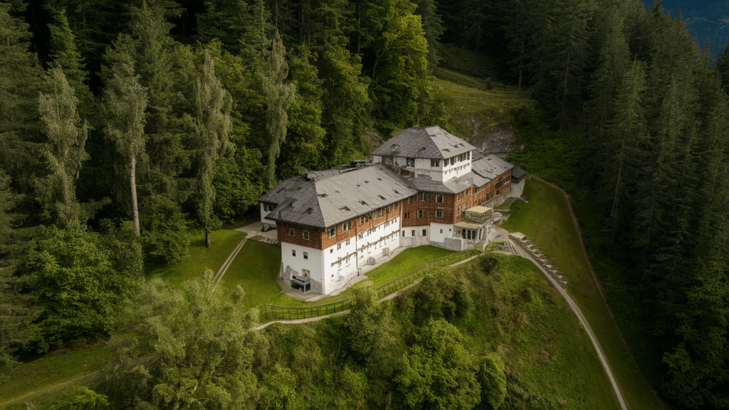 Historisches Gebäude inmitten eines Waldes, aufgenommen mit einer Drohne Kärnten aus der Luft