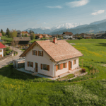 Luftaufnahme eines fertigen Einfamilienhauses in Kärnten – typisch für Bau- & Inspektionsflüge Kärnten.