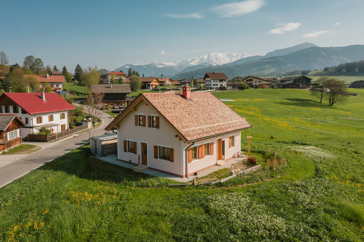 Luftaufnahme eines fertigen Einfamilienhauses in Kärnten – typisch für Bau- & Inspektionsflüge Kärnten.