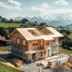 Luftaufnahme einer Einfamilienhaus-Baustelle in ländlicher Umgebung in Kärnten – perfekt für Bau- & Inspektionsflüge Kärnten.