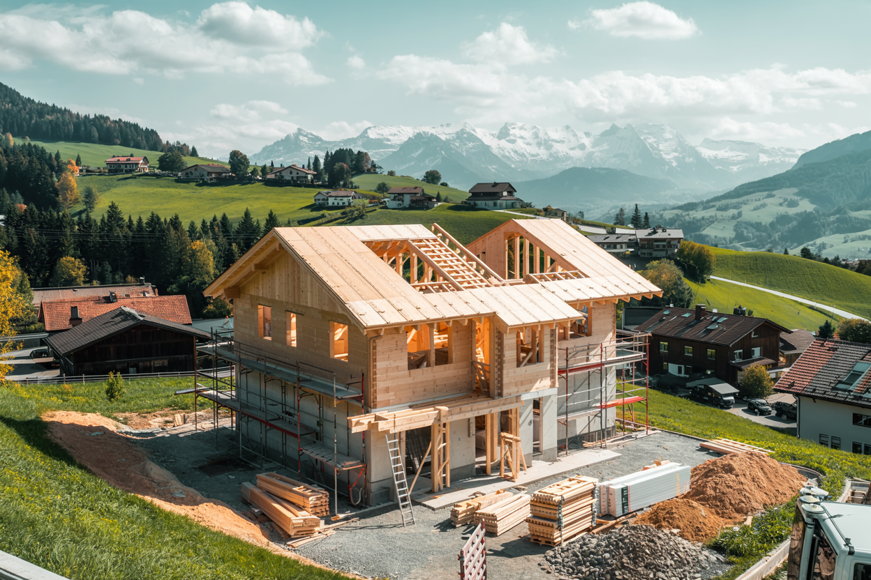 Luftaufnahme einer Einfamilienhaus-Baustelle in ländlicher Umgebung in Kärnten – perfekt für Bau- & Inspektionsflüge Kärnten.