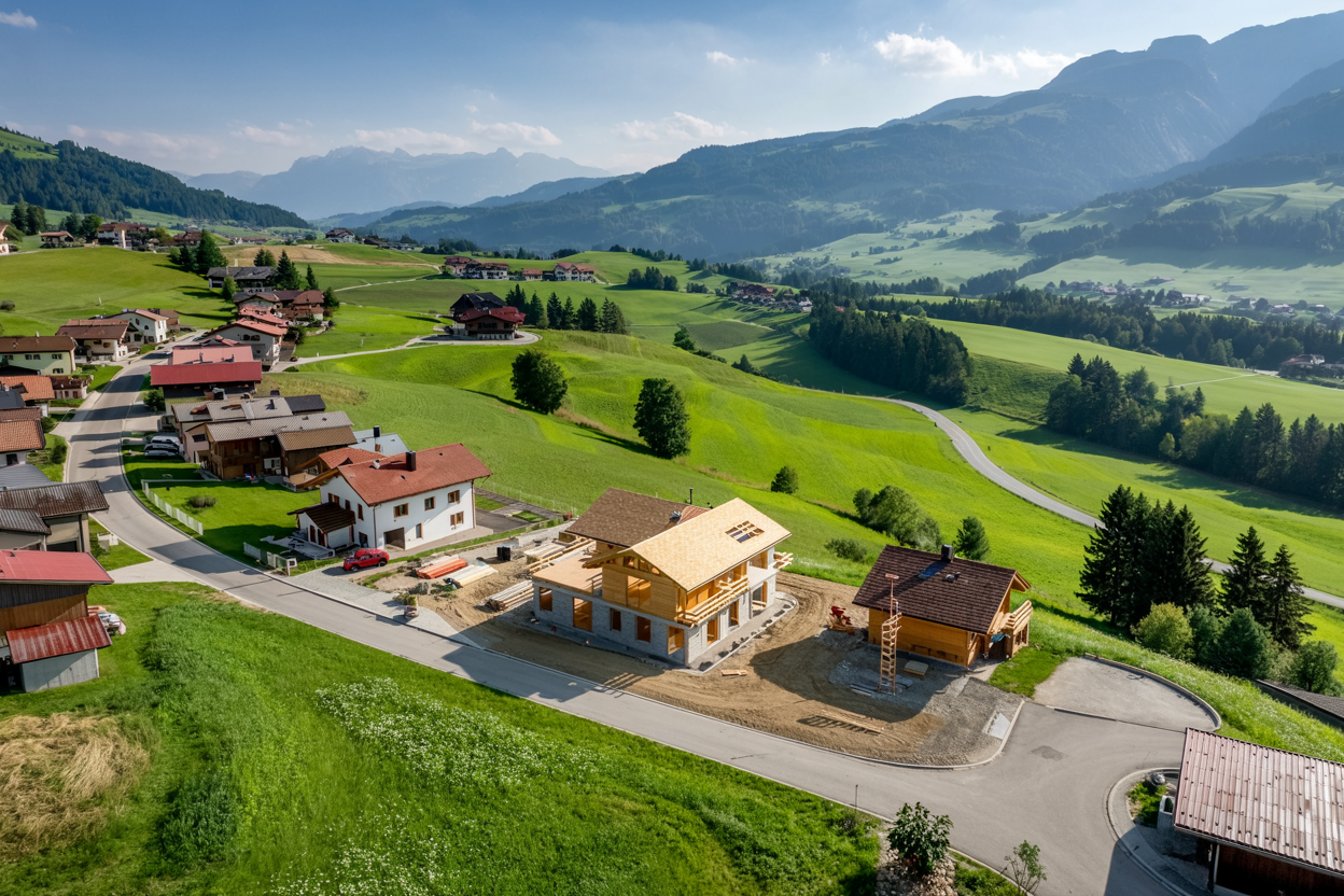 Luftaufnahme einer Neubausiedlung in Kärnten, eingebettet in eine grüne, hügelige Landschaft – ideal für Bau- & Inspektionsflüge Kärnten.