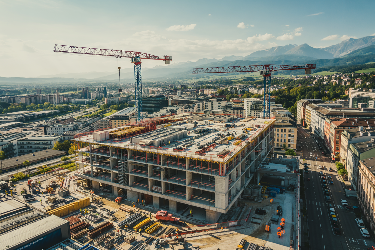 Luftaufnahme einer Großbaustelle in einer Stadt in Kärnten, umgeben von modernen Bürogebäuden und Berglandschaft im Hintergrund – typische Szene für Bau- & Inspektionsflüge Kärnten.