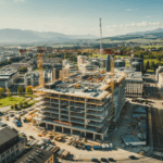 Großbaustelle in Kärnten, aufgenommen aus der Luft – beeindruckender Blick auf den Baufortschritt mit Kränen und umliegender Stadt.
