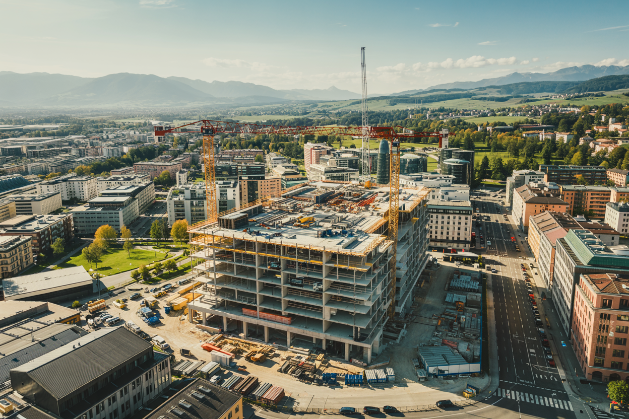 Großbaustelle in Kärnten, aufgenommen aus der Luft – beeindruckender Blick auf den Baufortschritt mit Kränen und umliegender Stadt.