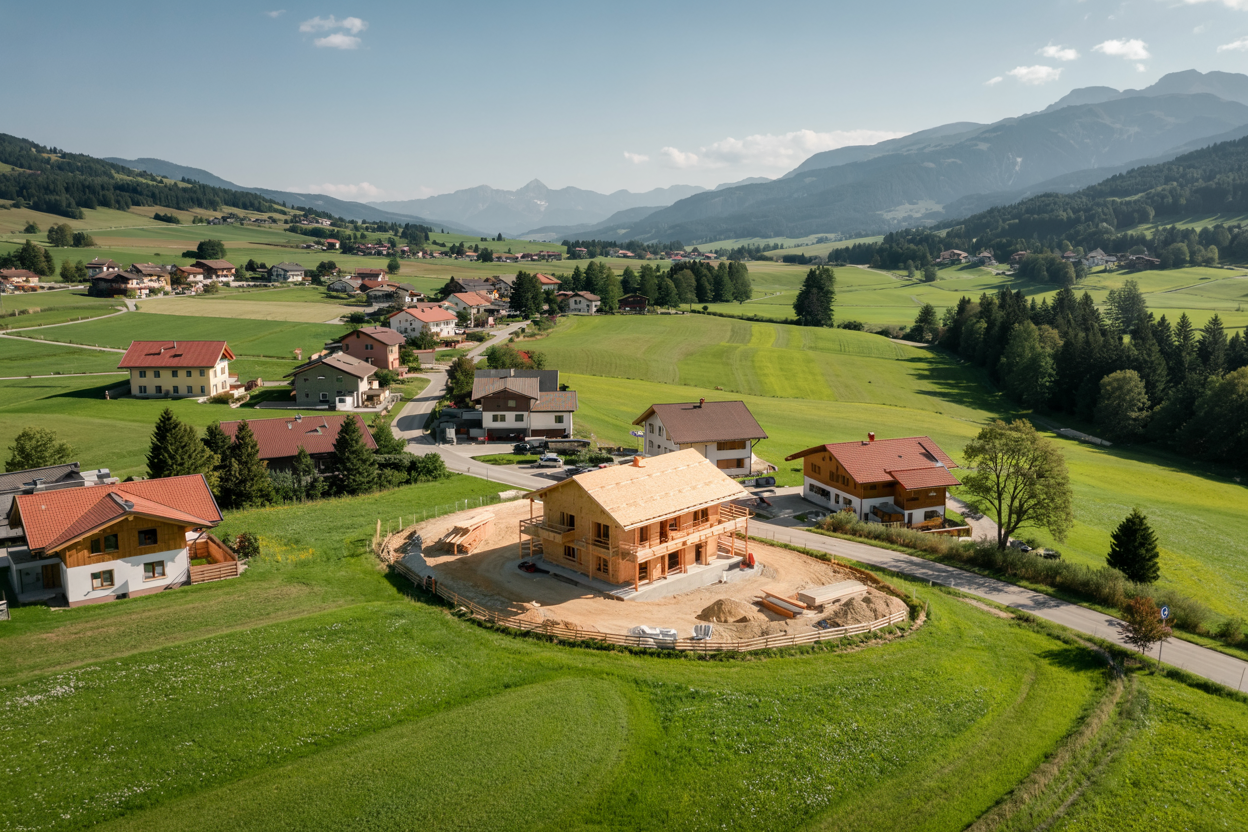Baustelle eines Holzhauses in den Bergen Kärntens – perfekt für Bau- & Inspektionsflüge Kärnten.