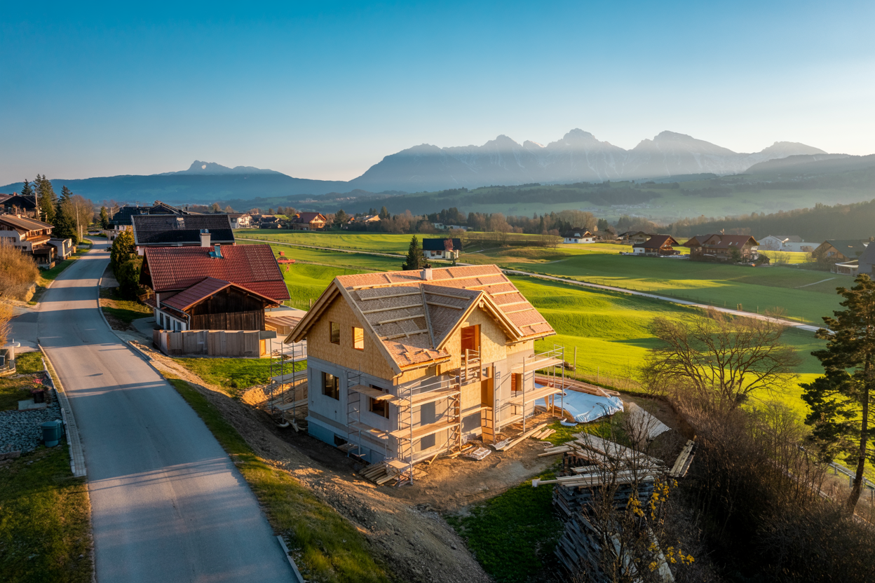 Luftbild eines Rohbaus in malerischer Landschaft Kärntens – optimal für Bau- & Inspektionsflüge Kärnten.
