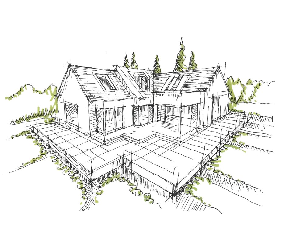Skizze eines modernen Hauses auf einer großzügigen Terrasse, umgeben von grüner Landschaft – ideal für Bau- & Inspektionsflüge Kärnten.
