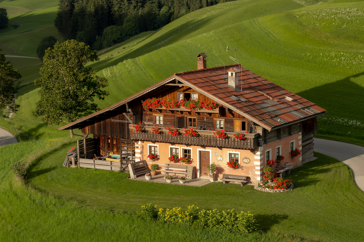 Baustelle eines modernen Holzbaus in Kärnten, umgeben von malerischer Alpenlandschaft und traditionellen Dorfhäusern.