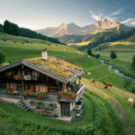 Alpenchalet in Kärnten mit grünem Dach und malerischem Bergpanorama, umgeben von weidenden Kühen.