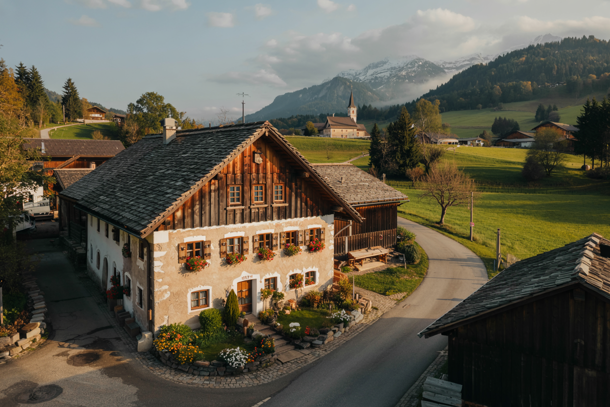Traditionelles Bauernhaus in Kärnten mit Holzfassade und bunten Blumenkästen vor grüner Bergkulisse.
