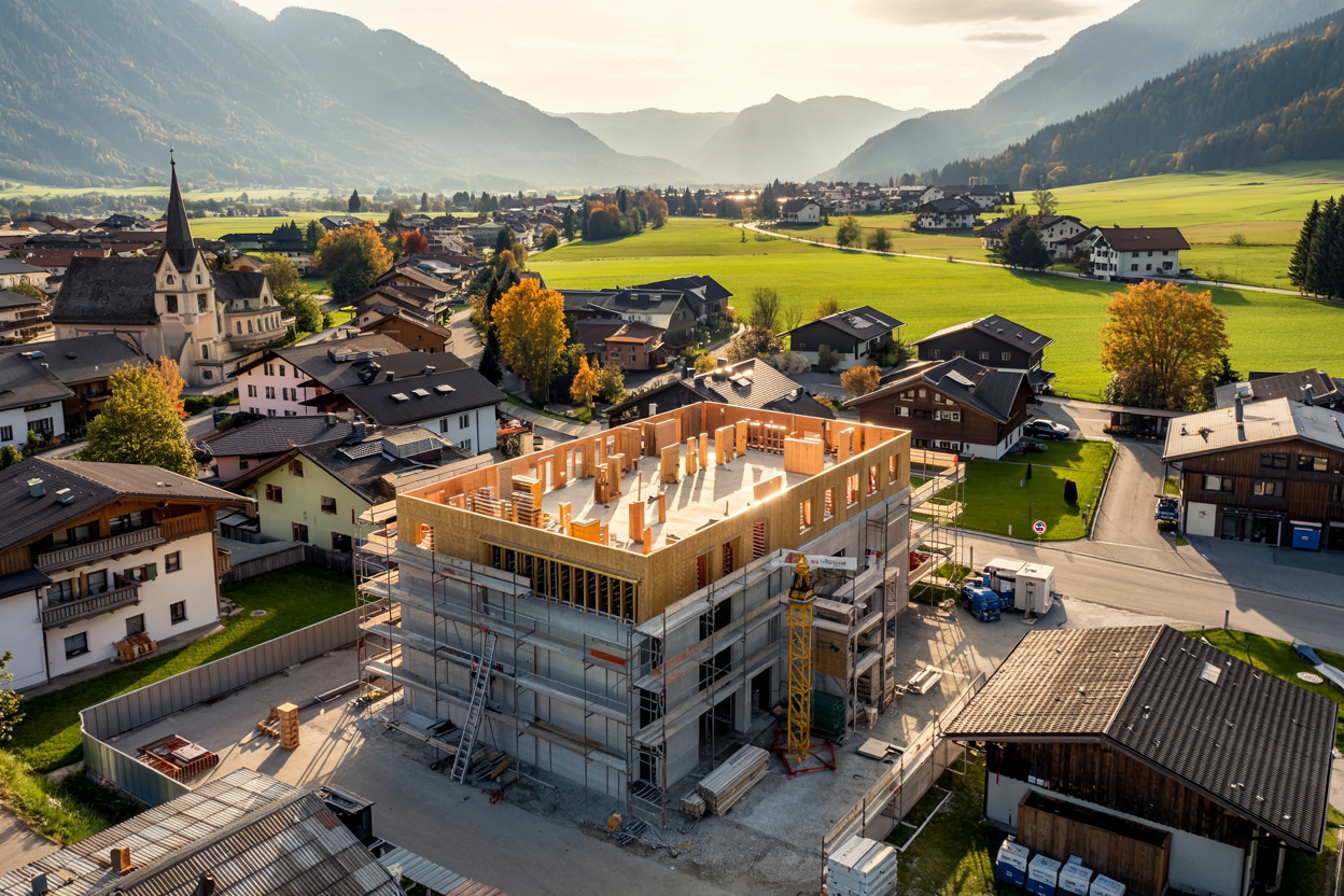 Baustelle eines modernen Wohnkomplexes in Kärnten, eingerahmt von Bergen und städtischer Architektur.