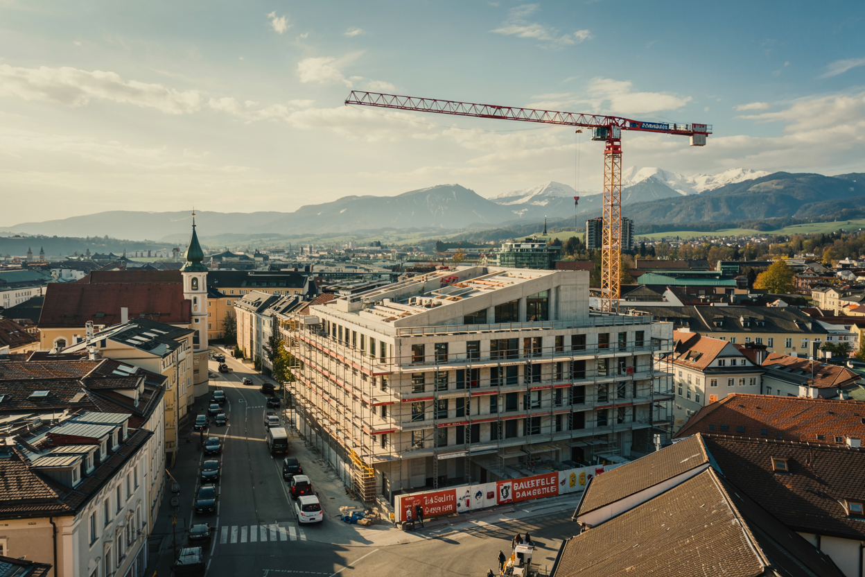 Baustelle eines großen Wohngebäudes in Kärnten, umgeben von städtischer Architektur und Alpenpanorama.