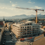 Baustelle eines großen Wohngebäudes in Kärnten, umgeben von städtischer Architektur und Alpenpanorama.