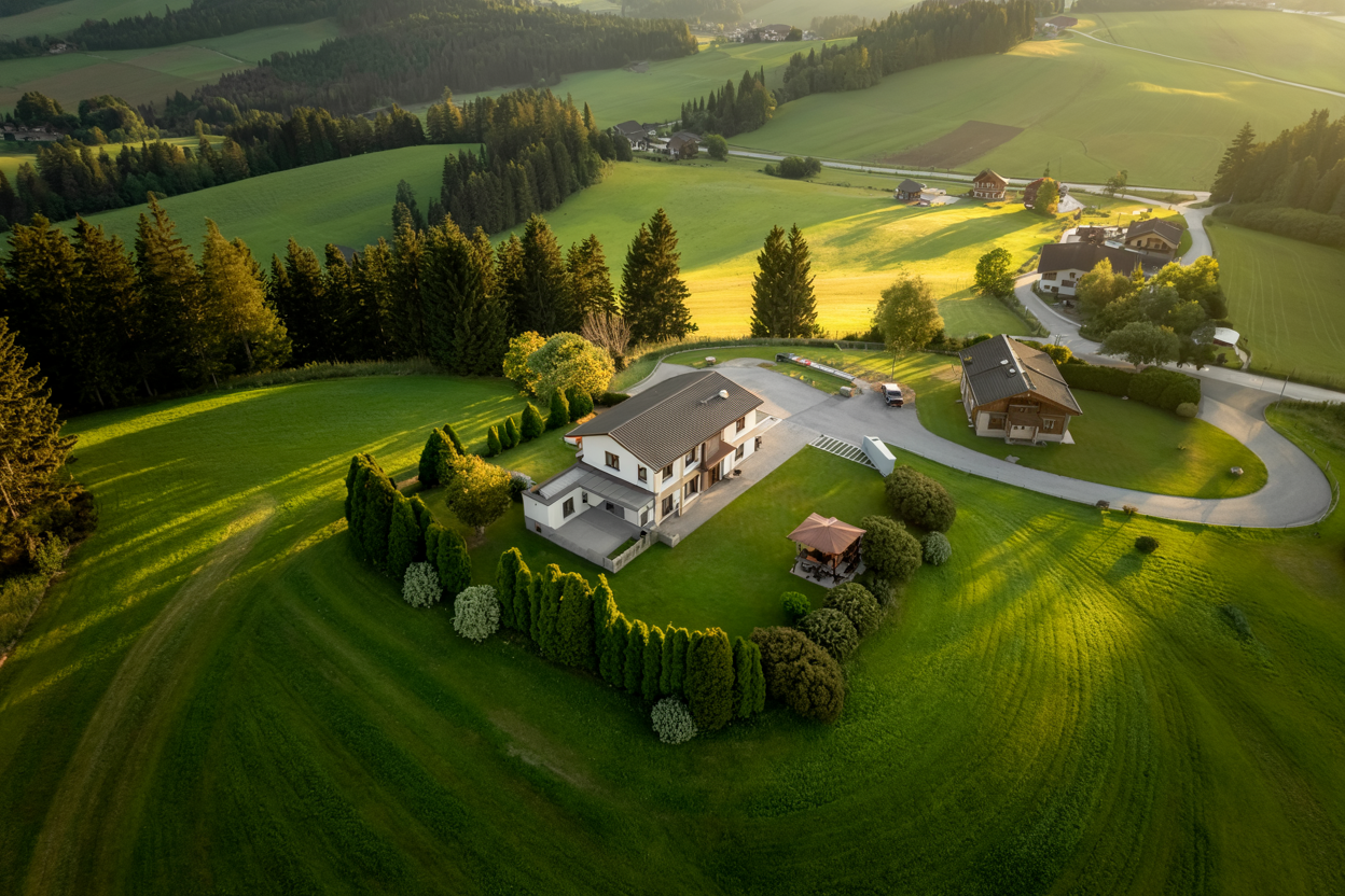 Einfamilienhaus in Kärnten, eingebettet in eine grüne Landschaft mit weitläufigem Garten.