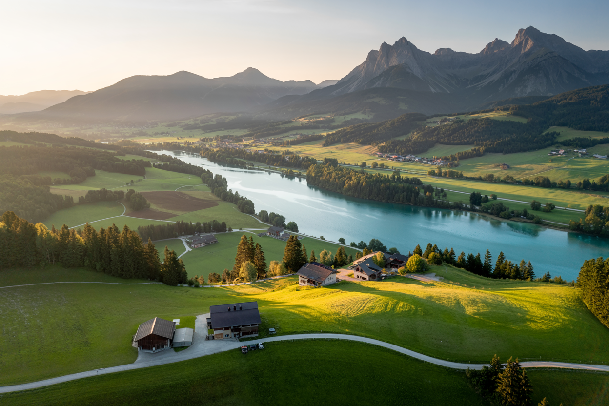 Drohnenaufnahmen Kärnten – traditionelle Almhütten vor imposanter Bergkette und stillem See.