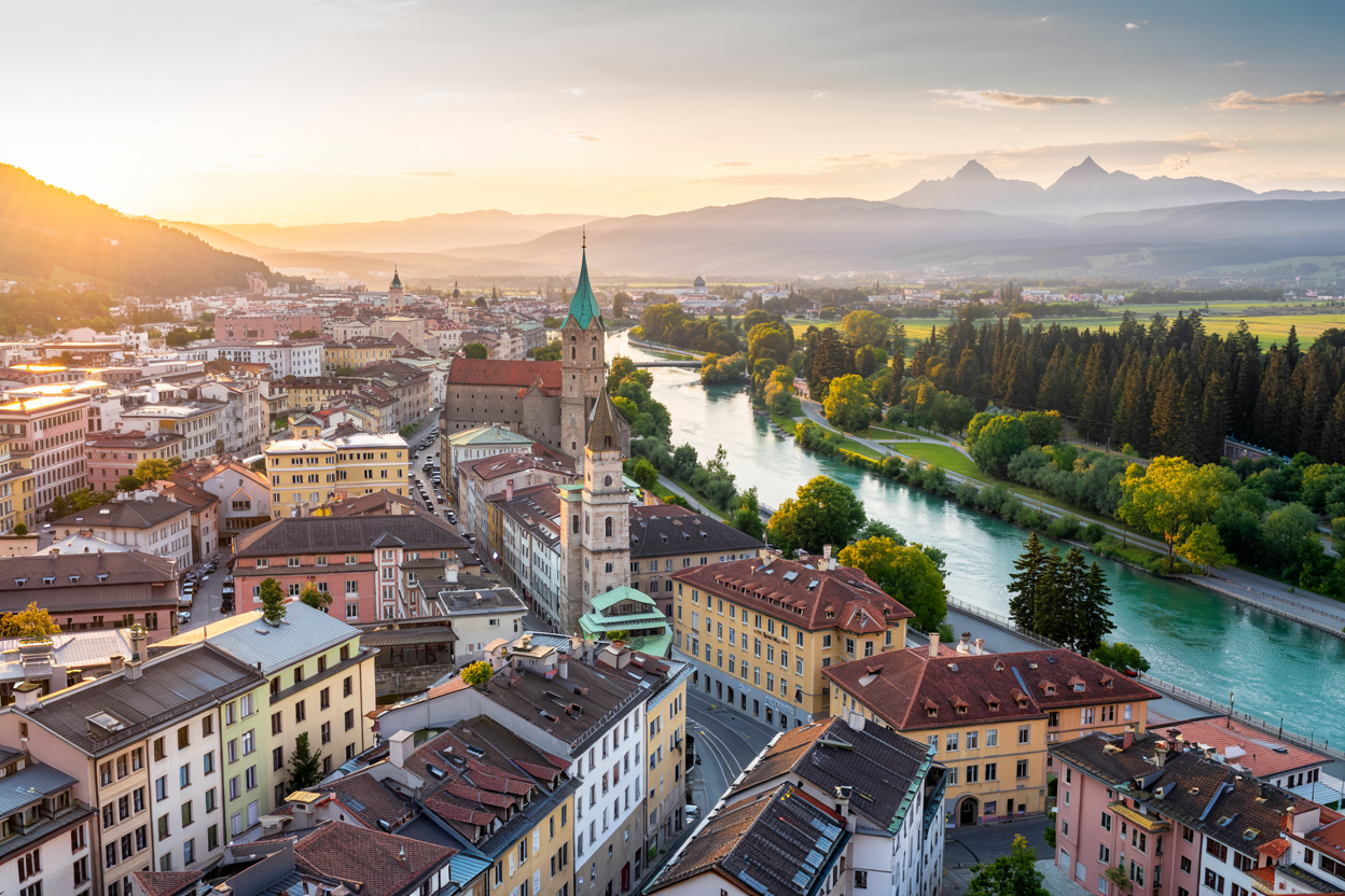 Drohnenaufnahmen Kärnten – historische Altstadt mit Fluss und Bergpanorama im Hintergrund.