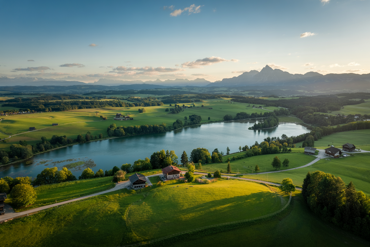 Drohnenaufnahmen Kärnten – malerisches Bergdorf am Ufer eines klaren Bergsees.