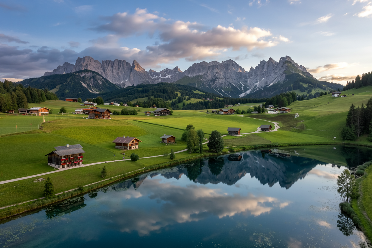 Drohnenaufnahmen Kärnten – sanfte Hügellandschaft mit blauem Bergsee und Bergpanorama.