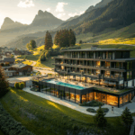 Moderner Hotelkomplex in Kärnten mit Infinity-Pool und Bergblick bei Sonnenuntergang.