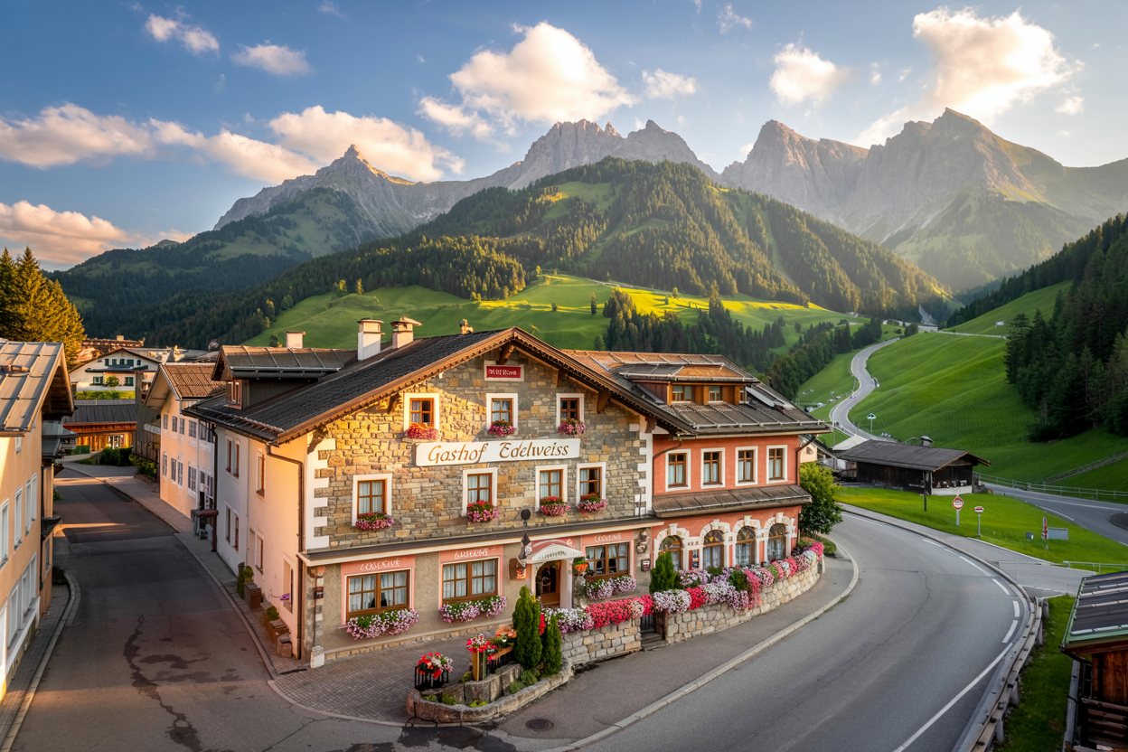 Historischer Gasthof Edelweiss in Kärnten, umgeben von malerischen Berglandschaften und grünen Almwiesen bei Sonnenaufgang.