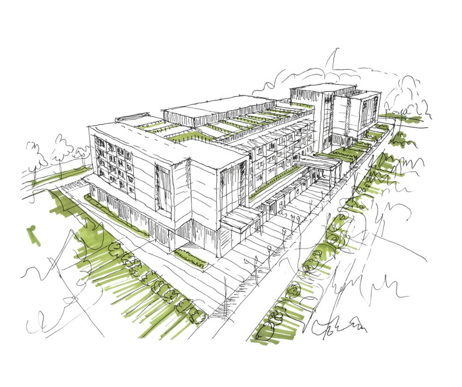 Tourismus & Landschaft Kärnten: Architektonische Skizze einer modernen Tourismusanlage in Kärnten, eingebettet in eine grüne Landschaft, die nachhaltiges Bauen und Landschaftsplanung betont.